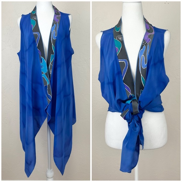Vintage Jackets & Blazers - Vintage Maly Cohen Hand Painted Open Silk Blue Multicolor Vest - One Size